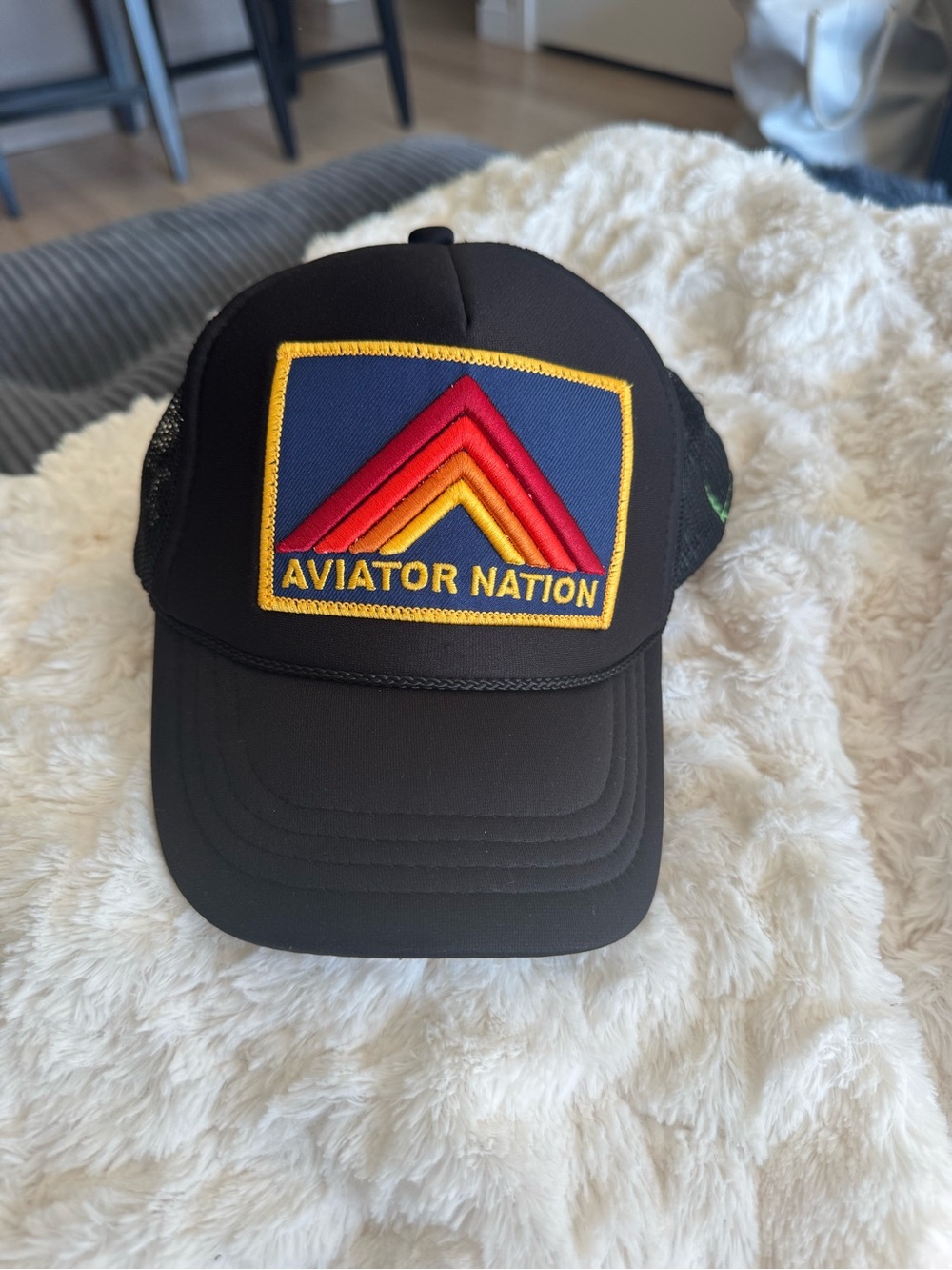 Aviator Nation Black Mesh Trucker Hat with Rainbow Chevron Patch